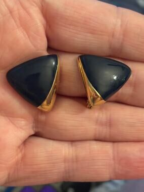 Vintage Monet Black Enamel Triangle Clip-On Earrings Signed Gold Tone